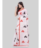 DESH BIDESH Women`s Bengali Khesh Pure Cotton Handloom Saree Tri Flower Designed With Blouse Piece (White Red Black)